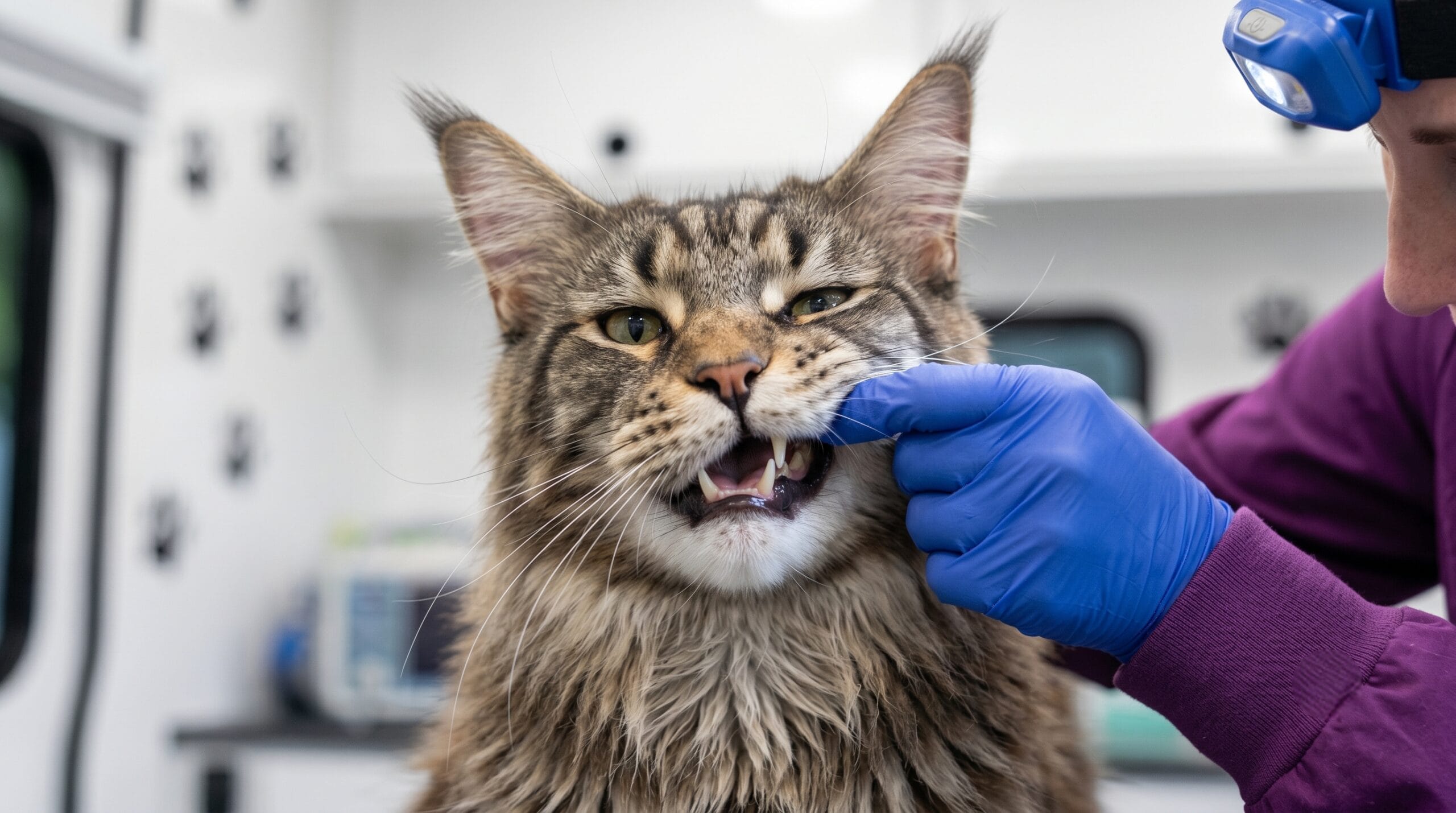 Close-up of cat teeth showing mild tartar — factors that affect cat teeth cleaning cost