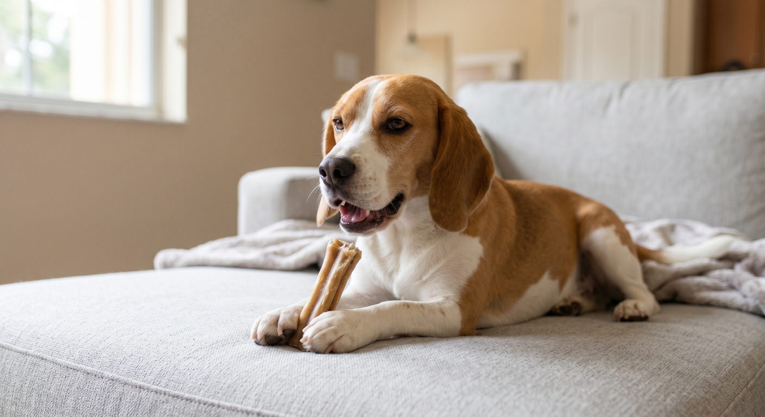 Beagle lying relaxed with a dog dental chew between its paws on a residential couch