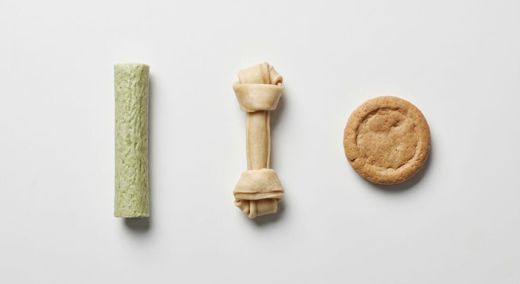 Three types of dog dental chews arranged side by side: stick, bone, and biscuit formats