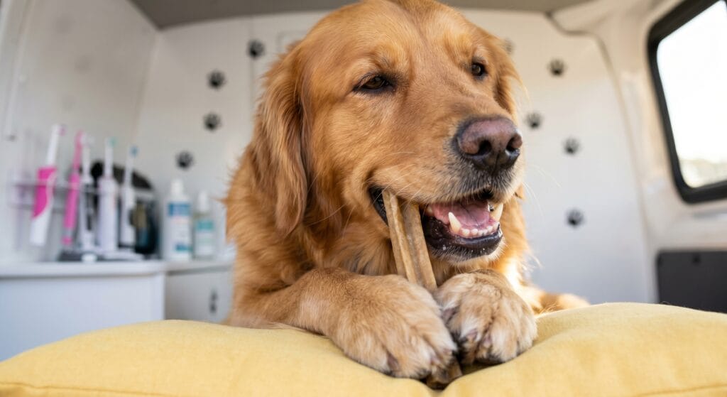 Golden Retriever chewing a correctly-sized dog dental chew between its front paws