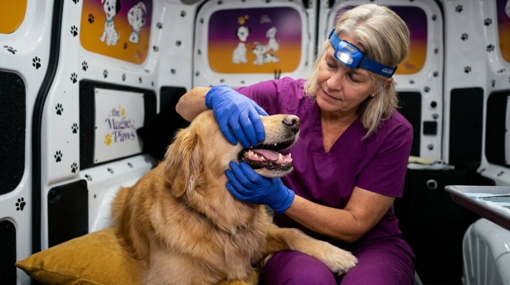Pet owner checking dog's teeth at home to identify early signs of dog periodontal disease