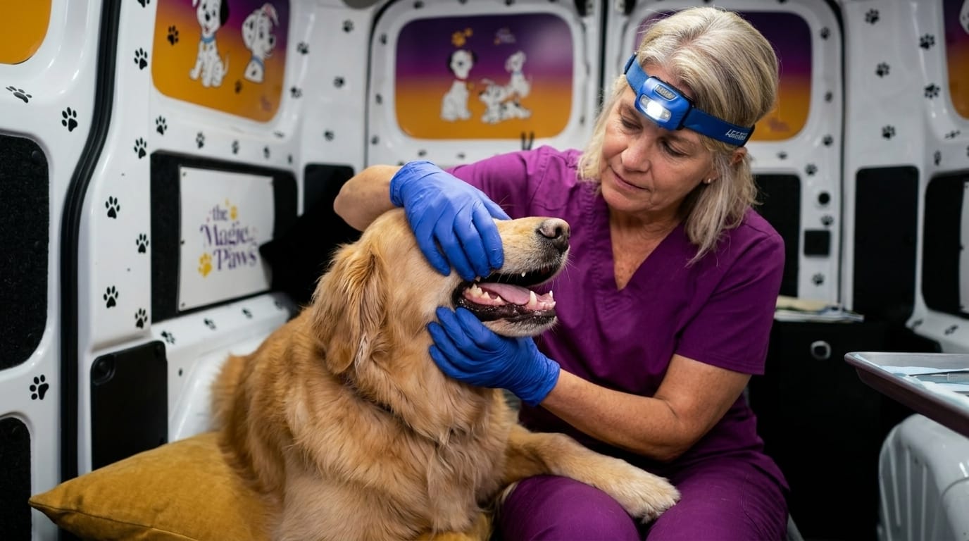 Pet owner checking dog's teeth at home to identify early signs of dog periodontal disease
