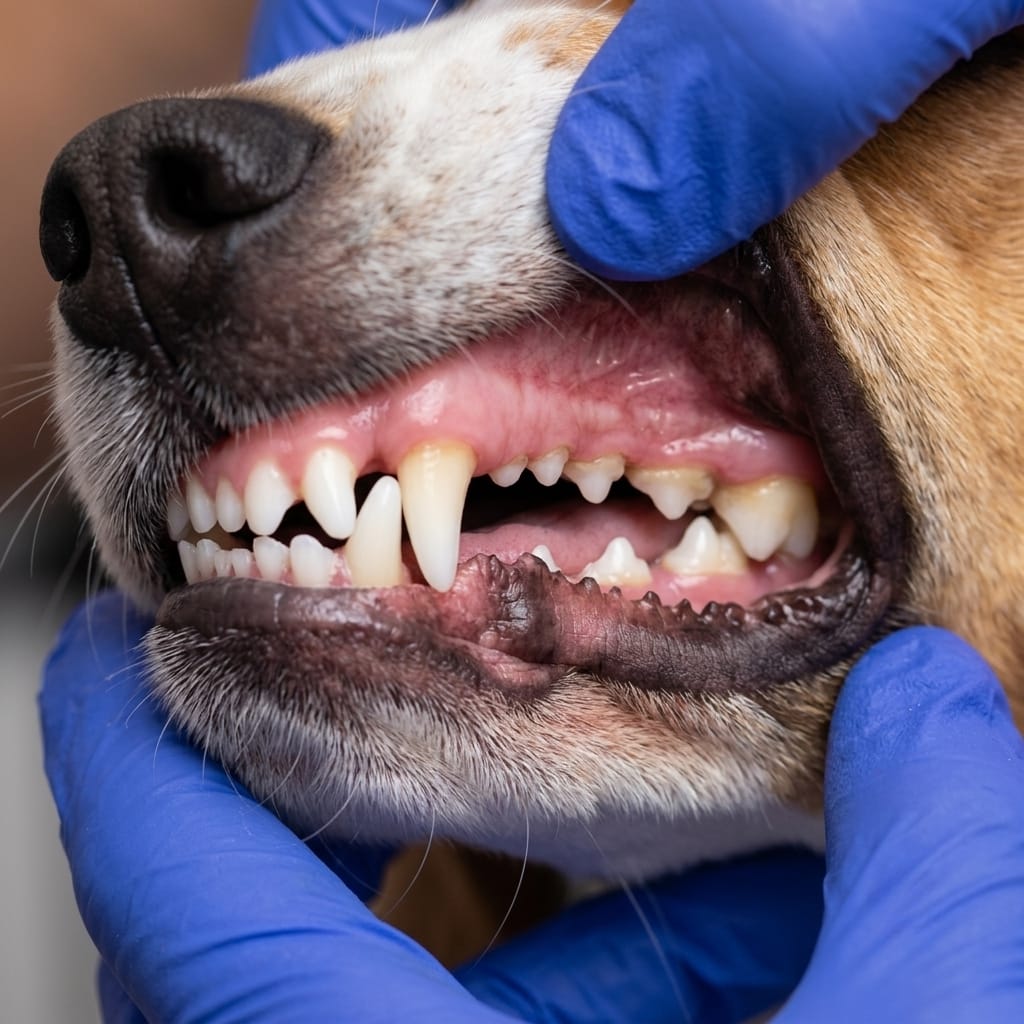 Close-up of dog teeth showing mild tartar buildup at gum line, illustrating early dog periodontal disease