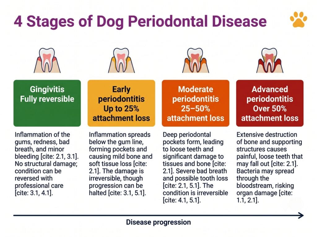 Infographic showing the 4 stages of dog periodontal disease from gingivitis to advanced periodontitis