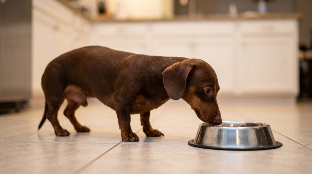 Dachshund sniffing food but not eating — a behavioral sign of dog tooth abscess pain that owners often miss