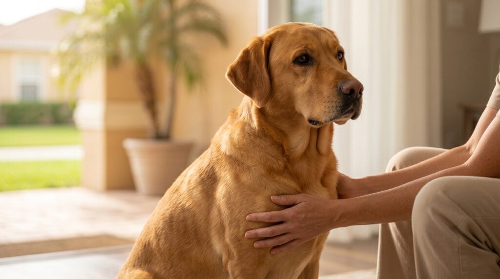 Dog with mild discomfort expression — what a dog tooth abscess looks like before symptoms escalate
