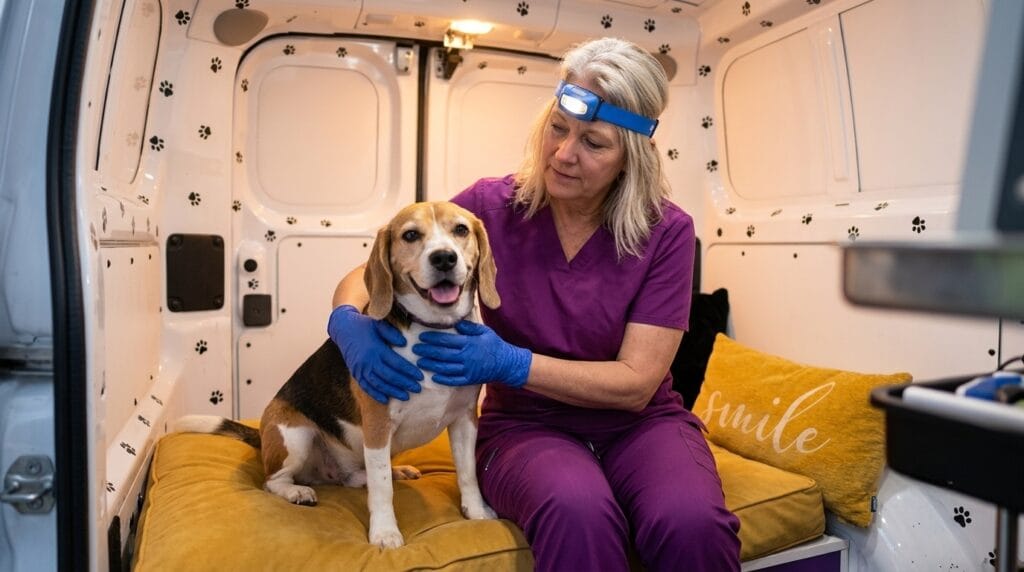 The Magic Paws technician in purple scrubs with Beagle inside mobile van — preventive dental care to avoid dog tooth abscess