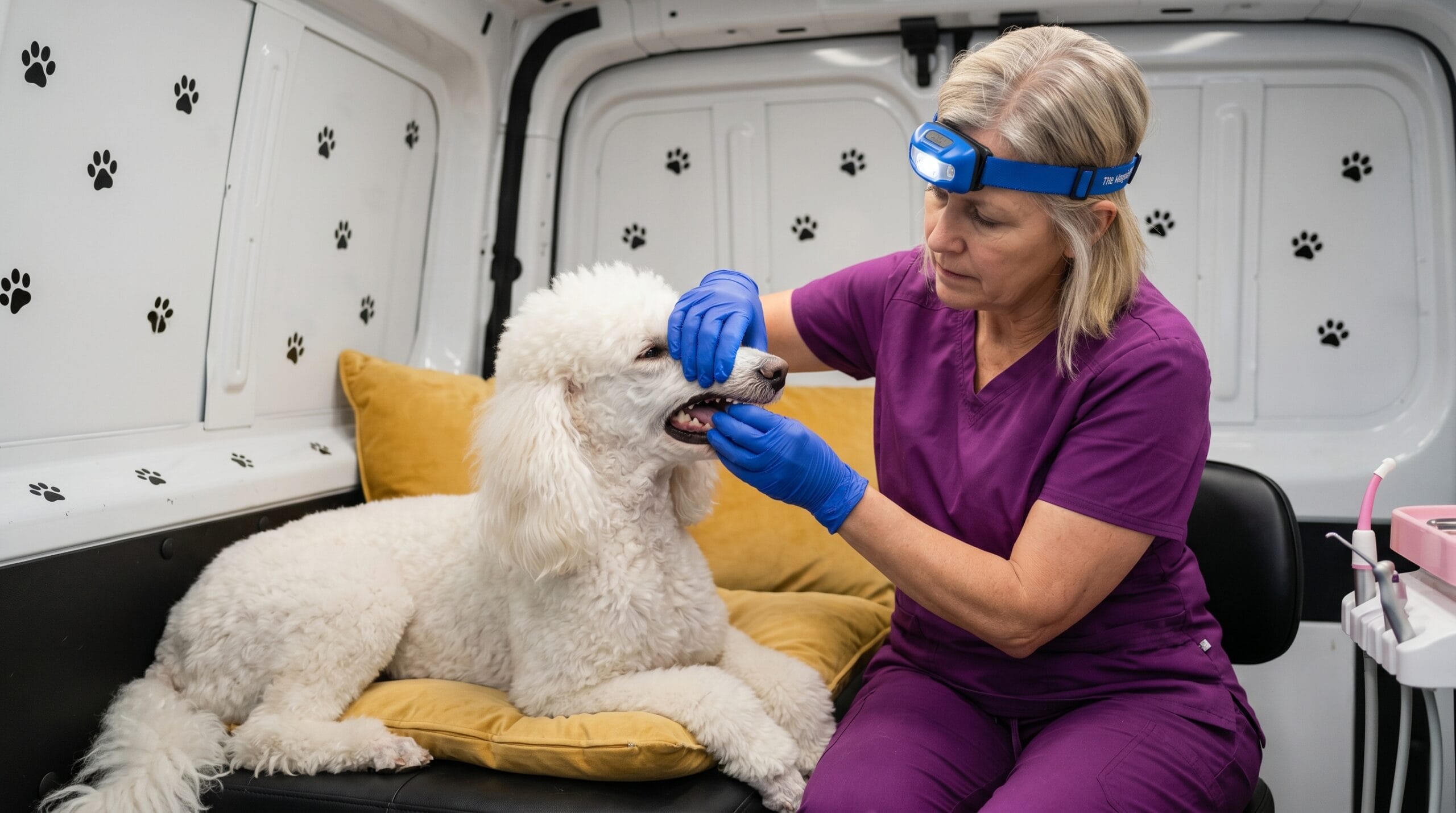 How many teeth do dogs have: technician examining Labrador Retriever teeth inside mobile dental van