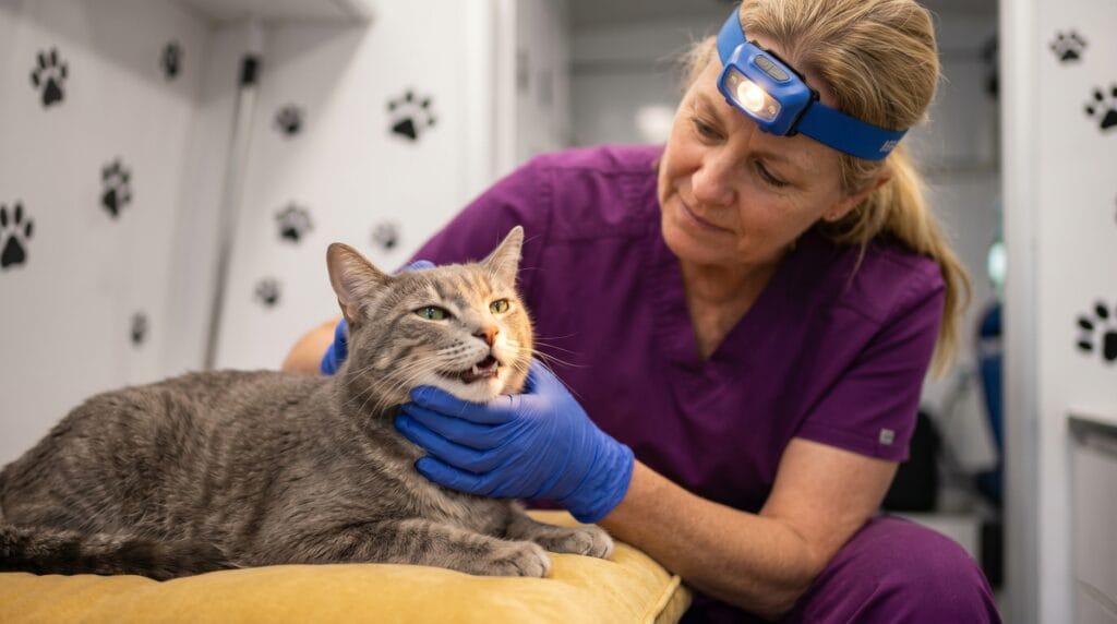 How many teeth do cats have — gray tabby cat receiving dental inspection inside The Magic Paws mobile van
