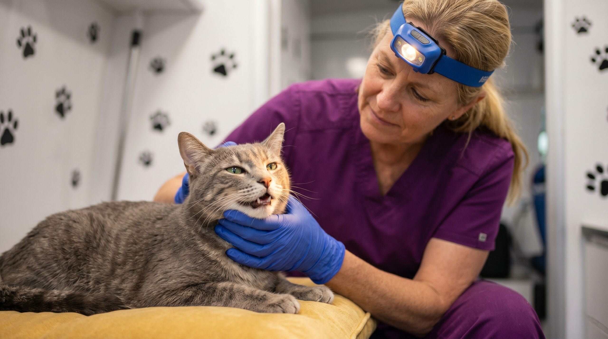 How many teeth do cats have — gray tabby cat receiving dental inspection inside The Magic Paws mobile van