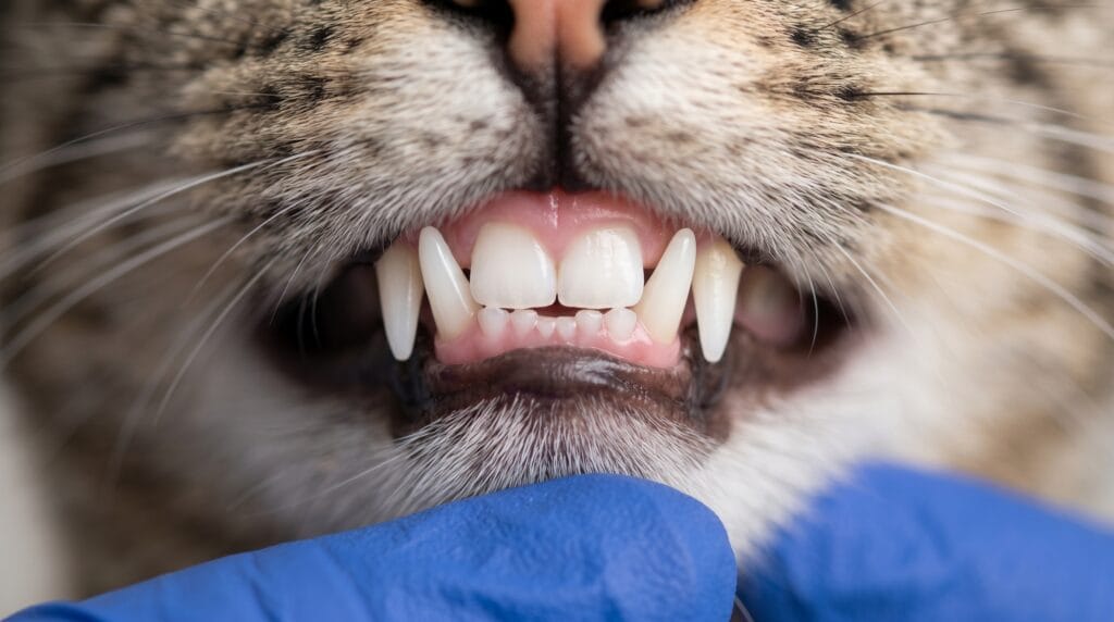 Cat teeth types — healthy cat incisors and canines with gloved hand during professional inspection