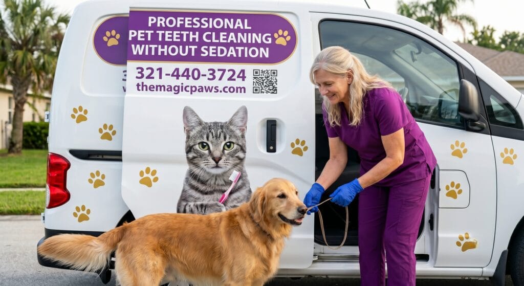 echnician in purple scrubs guiding a golden retriever toward a mobile dog teeth cleaning van in Florida