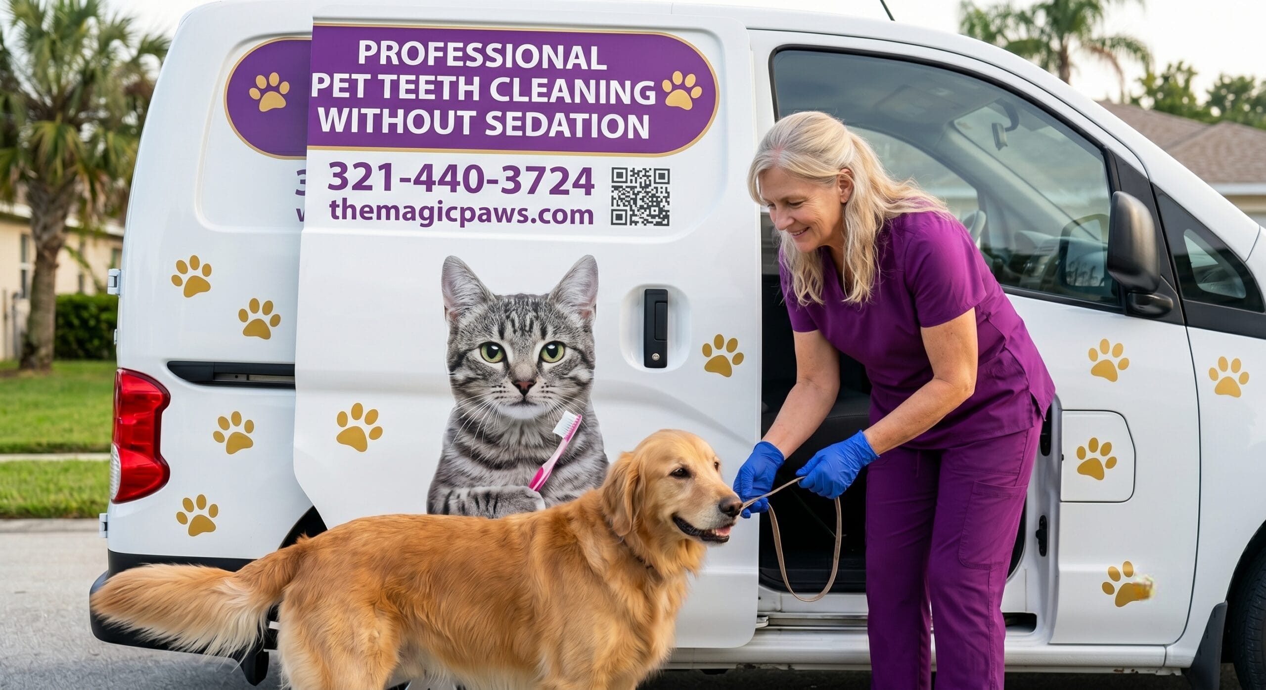 echnician in purple scrubs guiding a golden retriever toward a mobile dog teeth cleaning van in Florida