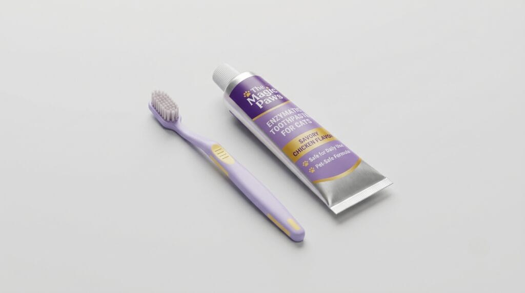 Cat-specific toothbrush and pet-safe toothpaste on a clean surface, the essential tools to brush cat teeth at home