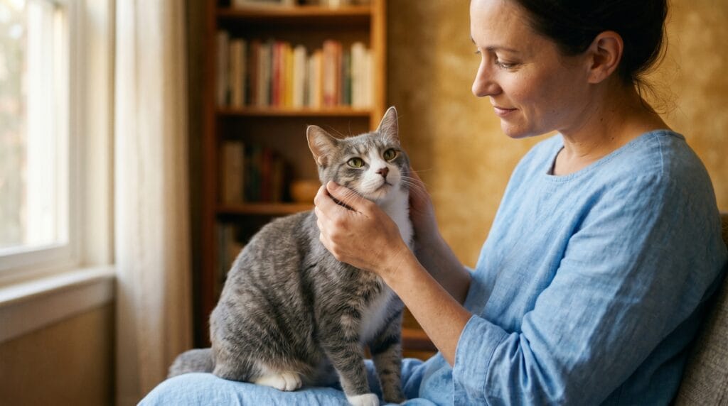Abyssinian cat resting calmly inside a mobile pet dental van, showing a comfortable professional cat dental cleaning environment