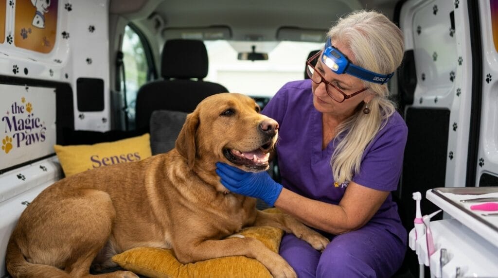 Dental technician applying Senses Therapy during anesthesia-free dog cleaning inside The Magic Paws van