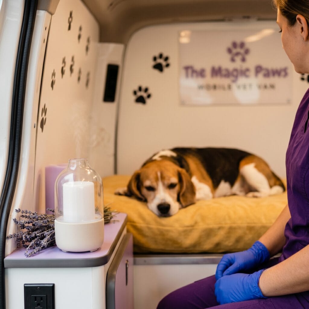 Lavender aromatherapy diffuser inside The Magic Paws van as part of the Senses Therapy protocol for dogs