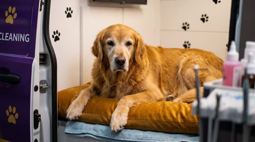 Senior golden retriever resting calmly inside The Magic Paws van before an anesthesia-free dental cleaning