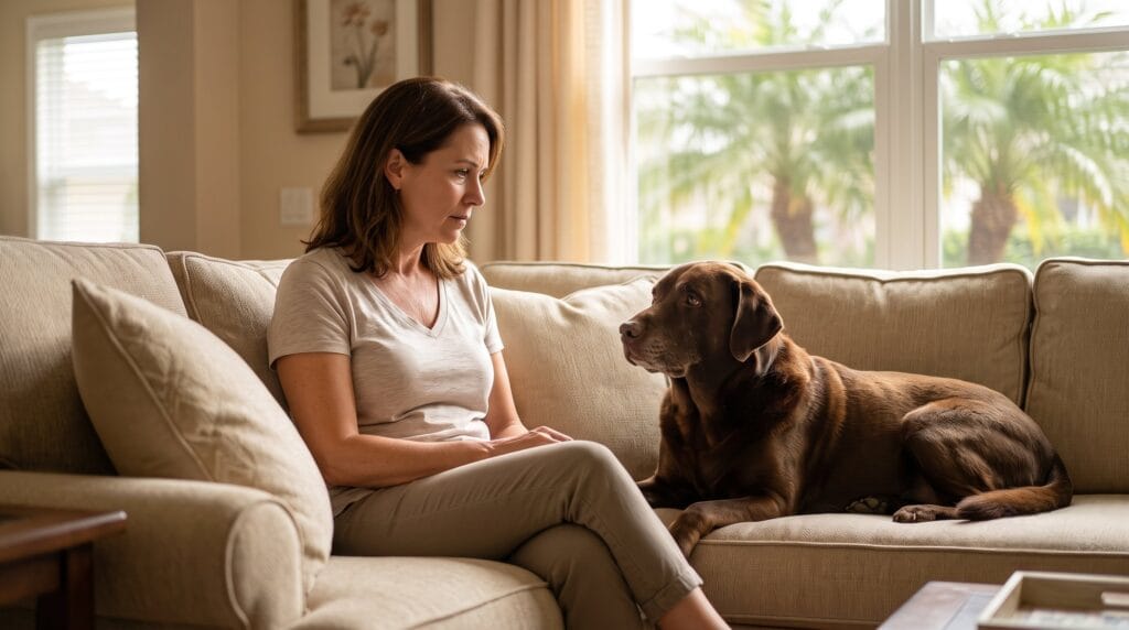 Dog owner observing her senior dog at home, reflecting concern about anesthesia for old dogs