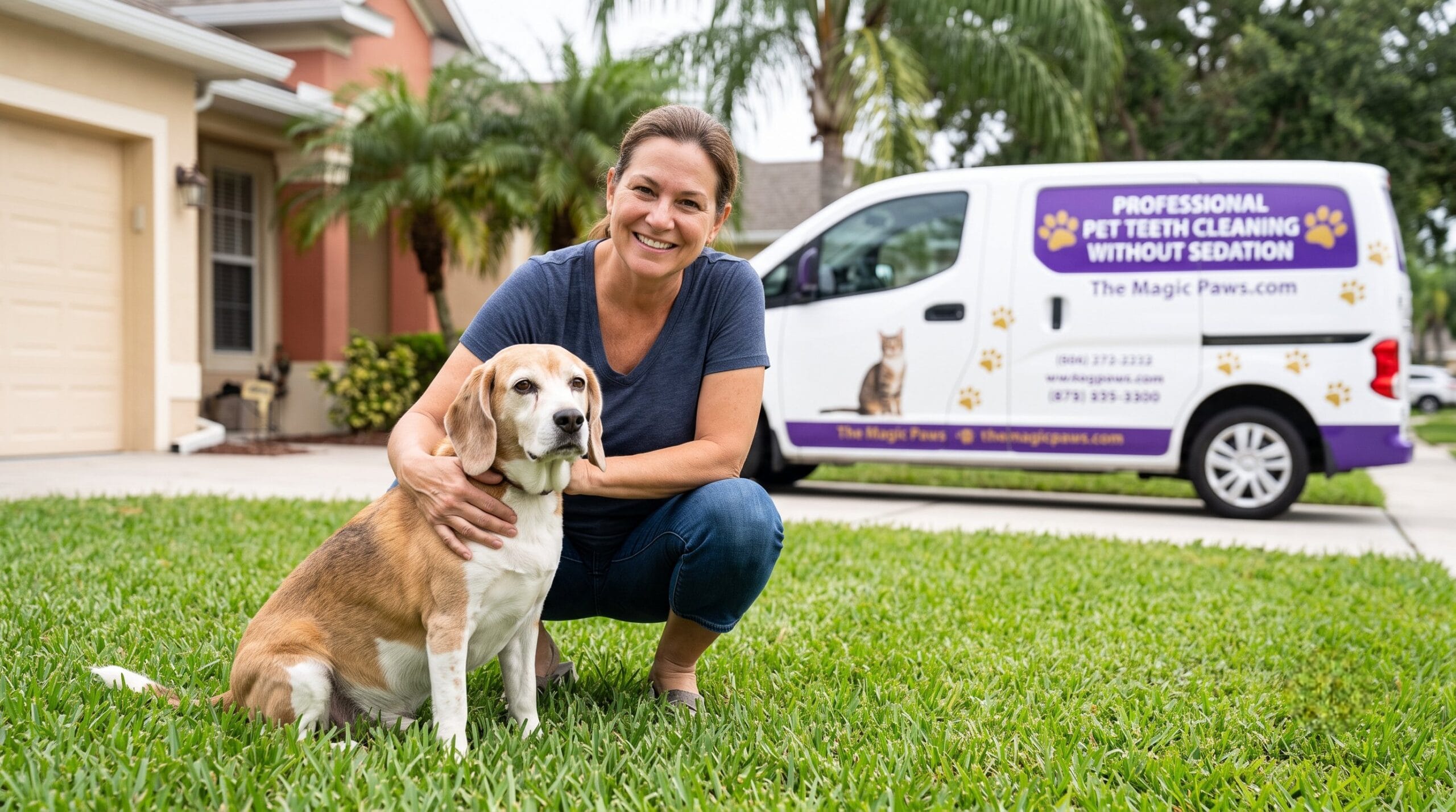 Owner smiling with her senior dog after an anesthesia-free dental cleaning by The Magic Paws in Florida