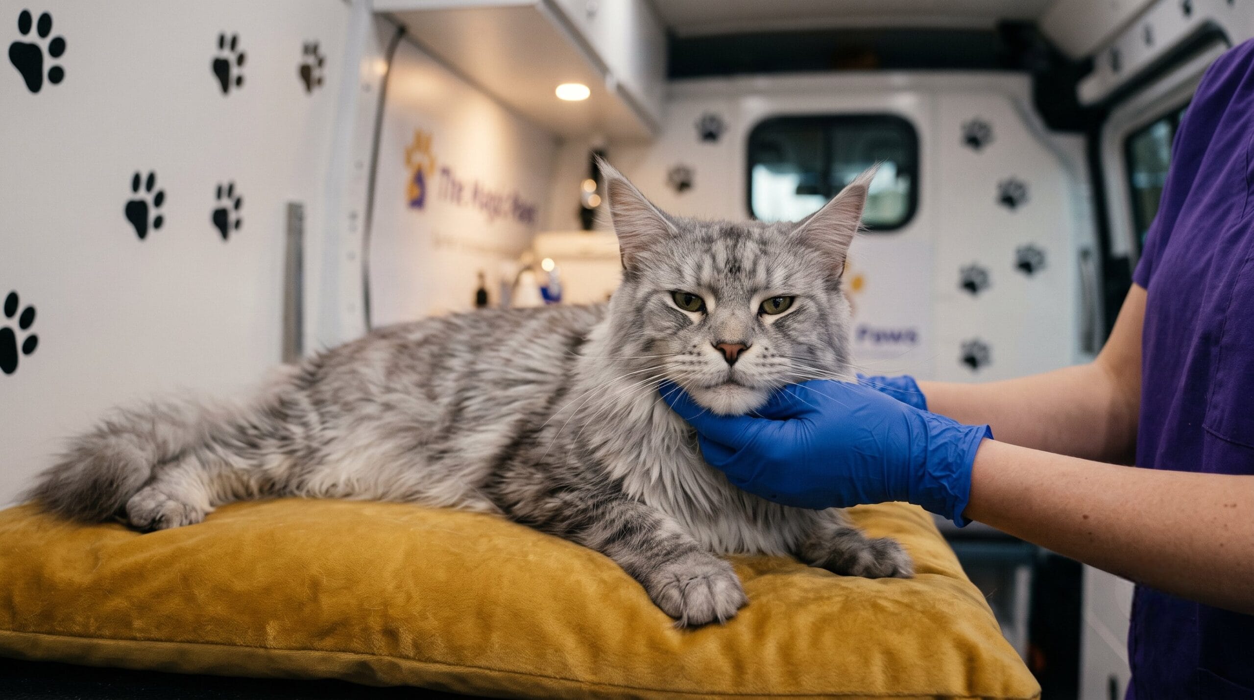 Cat relaxed during professional cat dental cleaning cost appointment inside mobile van