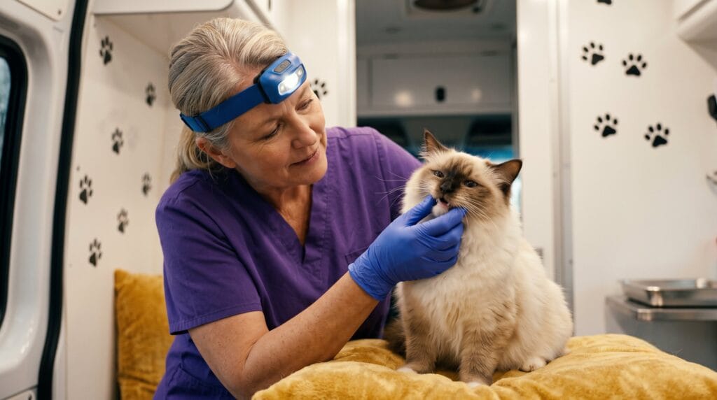 Technician in purple scrubs examining cat teeth during cat dental cleaning cost procedure in van