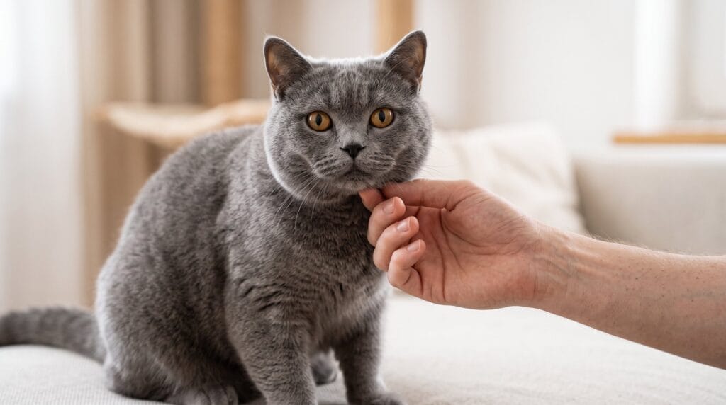 Calm British Shorthair cat illustrating cat dental health by breed and genetic risk factors