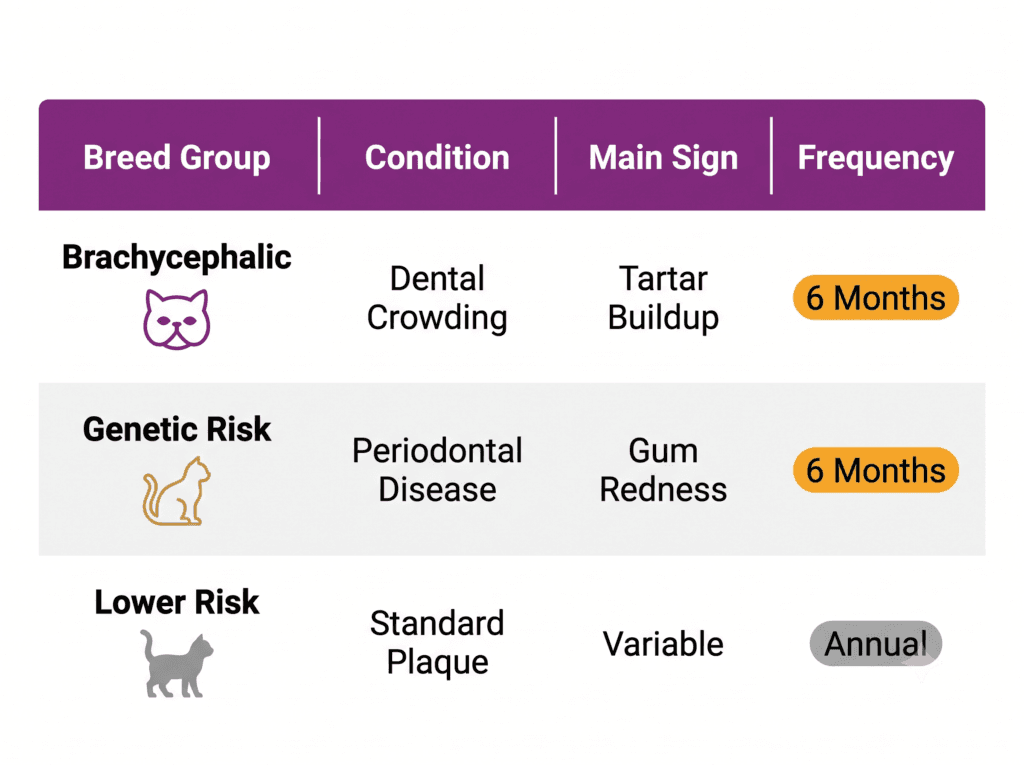 Infographic comparing cat dental health by breed across brachycephalic and genetic risk groups