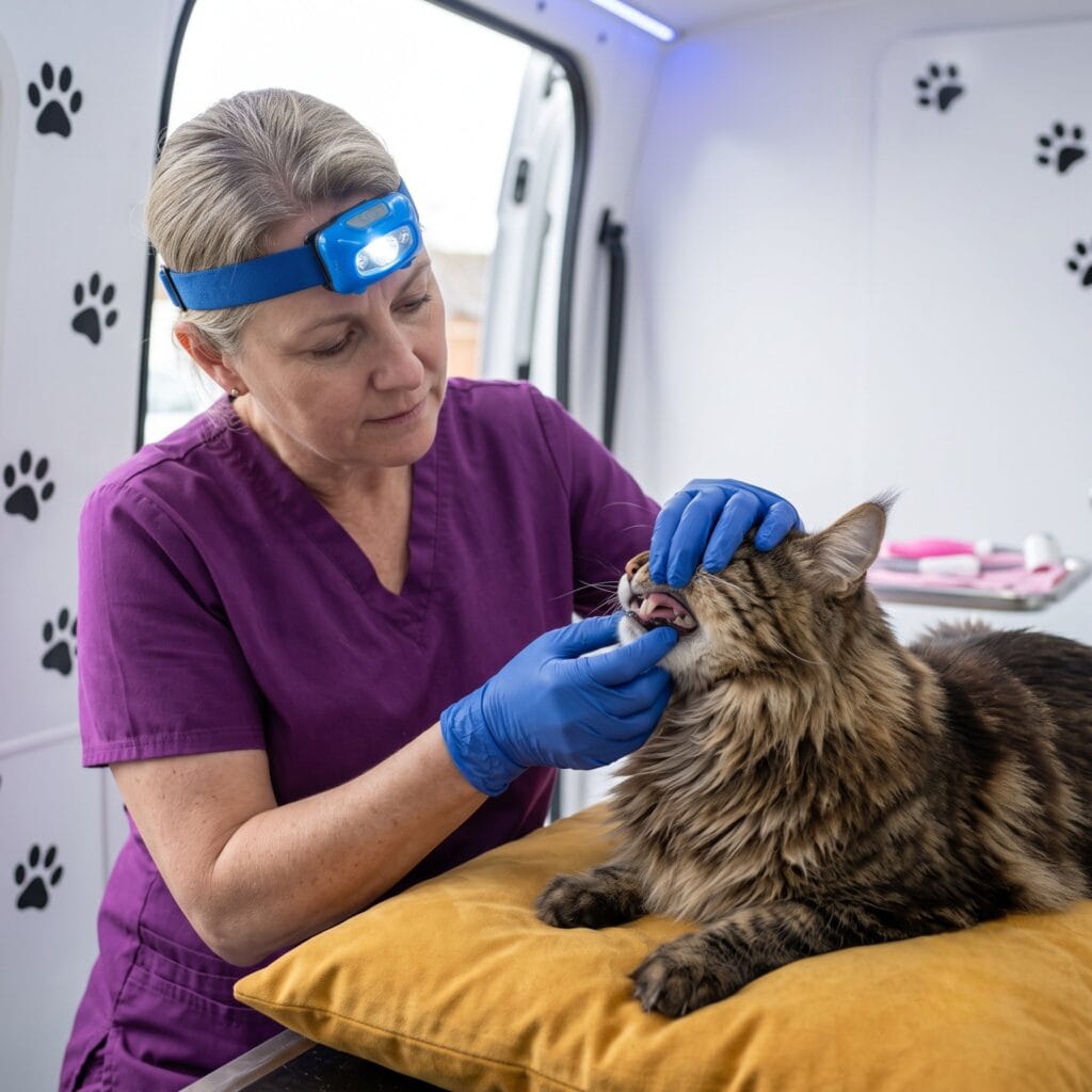 Magic Paws technician performing anesthesia-free cleaning relevant to cat dental health by breed