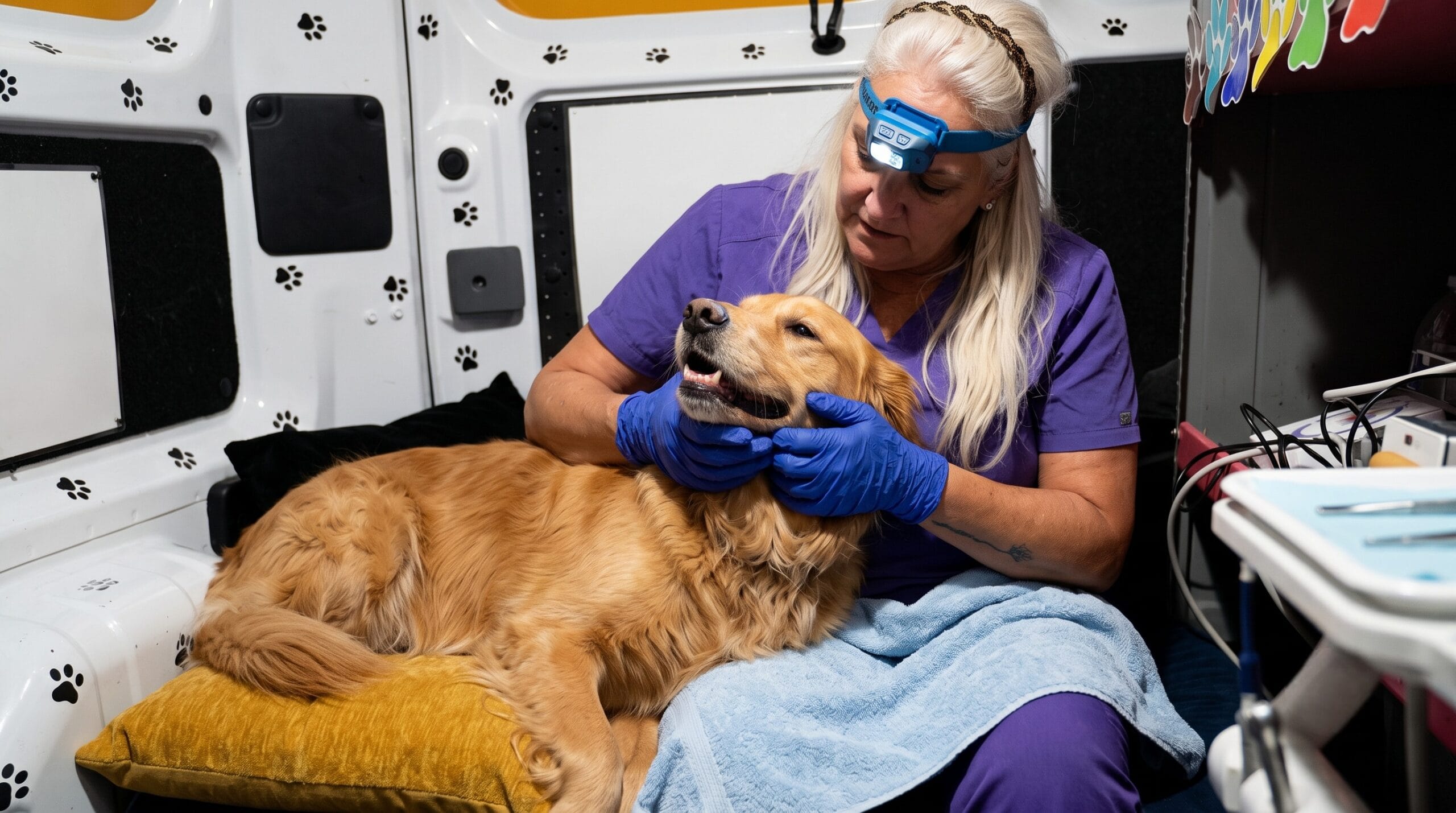 Dog tooth extraction cost: technician in purple scrubs examining a calm Golden Retriever inside the Magic Paws van