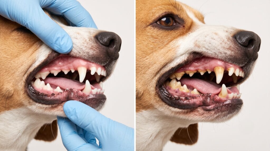 Dog tooth extraction cost: side-by-side comparison of healthy dog teeth vs. moderate tartar buildup in a Beagle