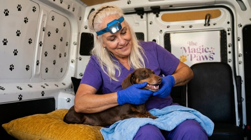 Dog tooth extraction cost: Magic Paws technician in purple scrubs performing anesthesia-free cleaning on a relaxed Dachshund