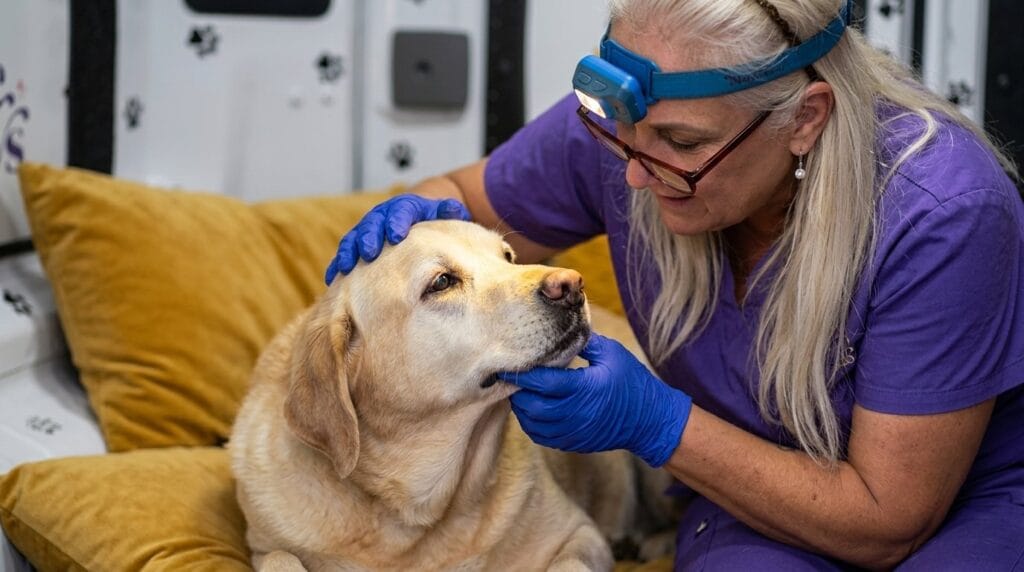 Old dog bad teeth warning signs: technician examining senior Labrador Retriever mouth inside The Magic Paws mobile van
