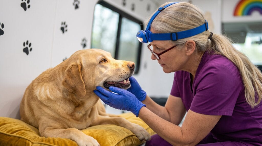 Old dog bad teeth what to do: senior German Shepherd calm during anesthesia-free dental cleaning inside The Magic Paws mobile van