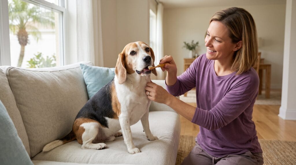 Old dog bad teeth what to do at home: owner brushing senior Beagle teeth in suburban Florida home