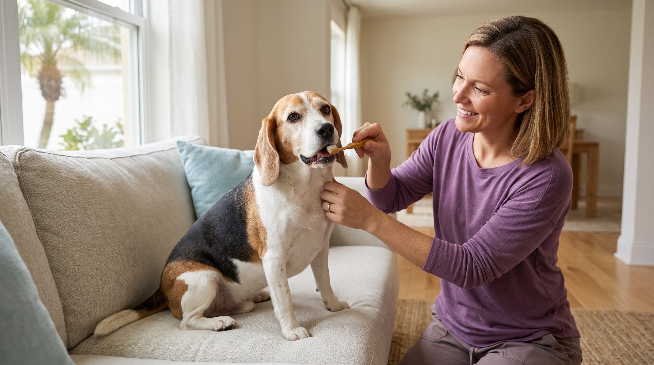 Old dog bad teeth what to do at home: owner brushing senior Beagle teeth in suburban Florida home