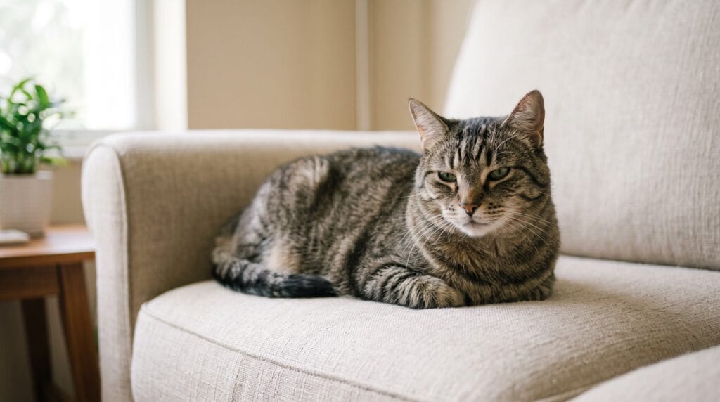 Senior cat resting at home, representing the importance of senior cat dental care after age 7