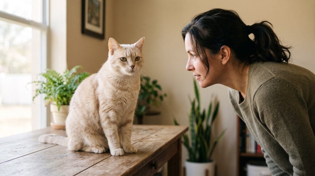 Owner attentively observing a senior cat's behavior, a key part of monitoring senior cat dental care at home.