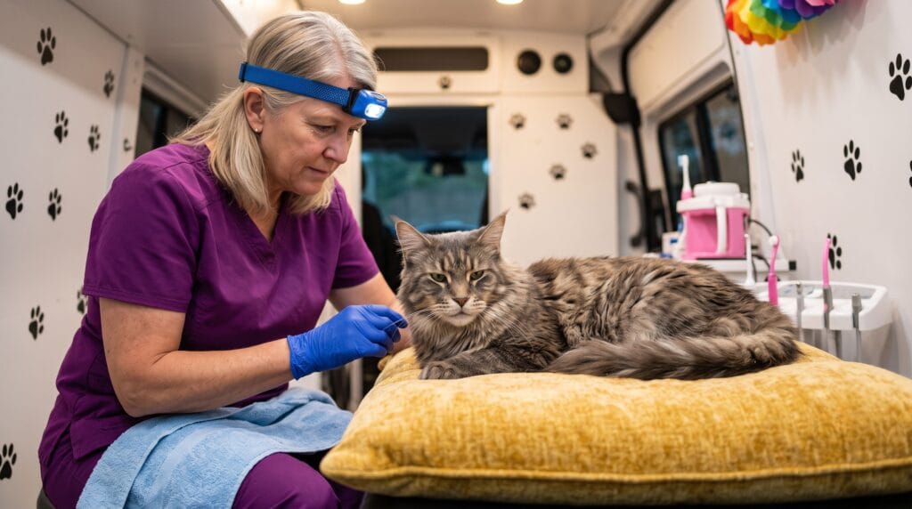 The Magic Paws technician performing anesthesia-free senior cat dental care inside the mobile van in Florida.