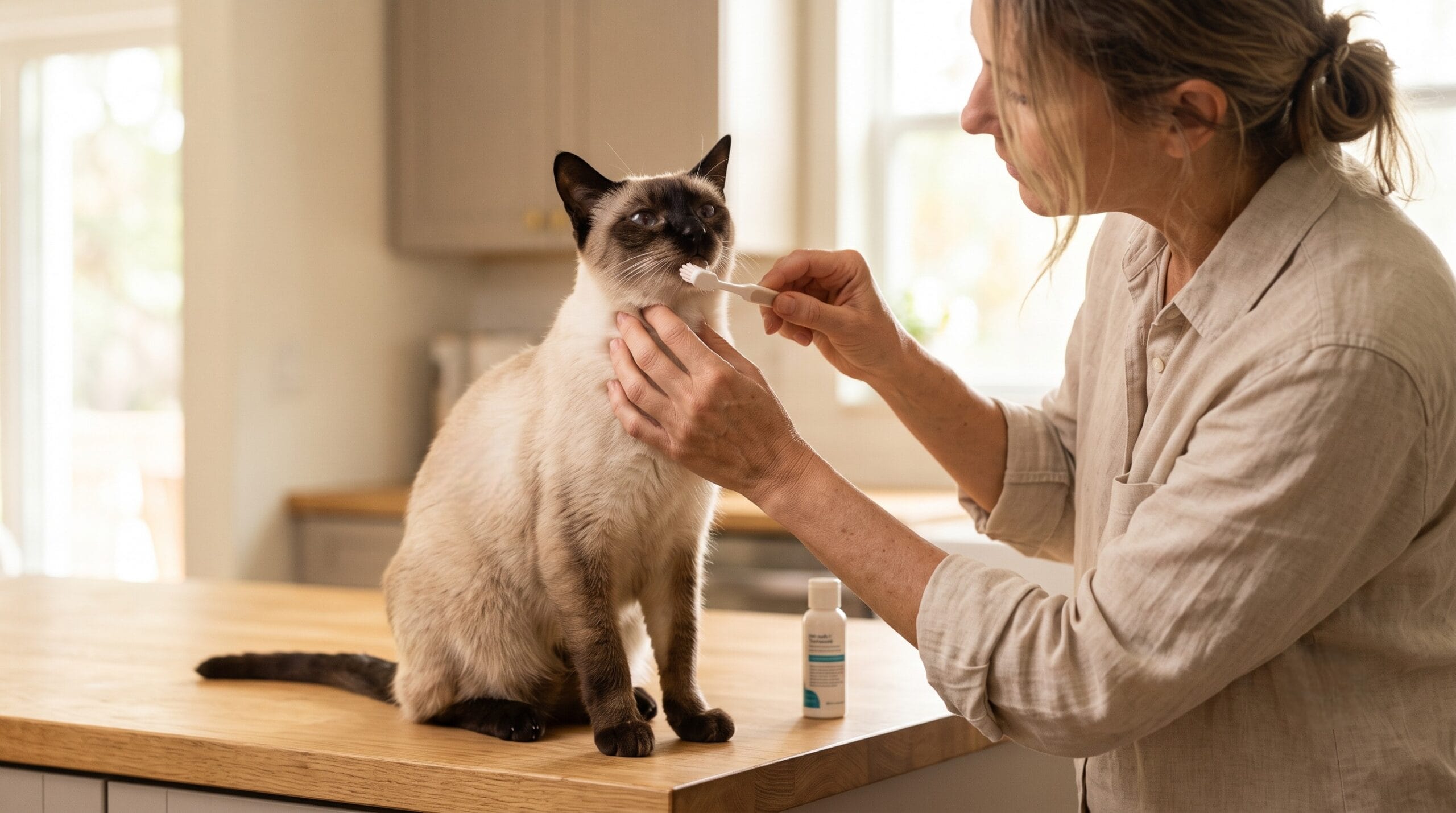 Owner brushing a senior cat's teeth at home as part of a consistent senior cat dental care routine.