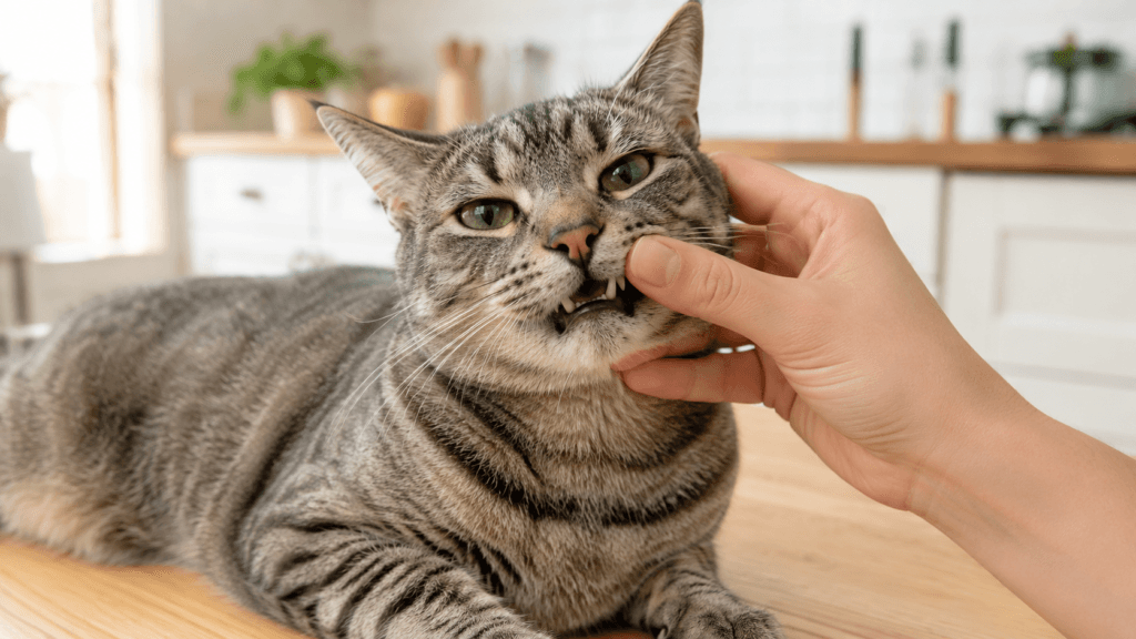 Cat owner gently opening a calm gray tabby's mouth to check teeth — dental wash for cats routine at home.