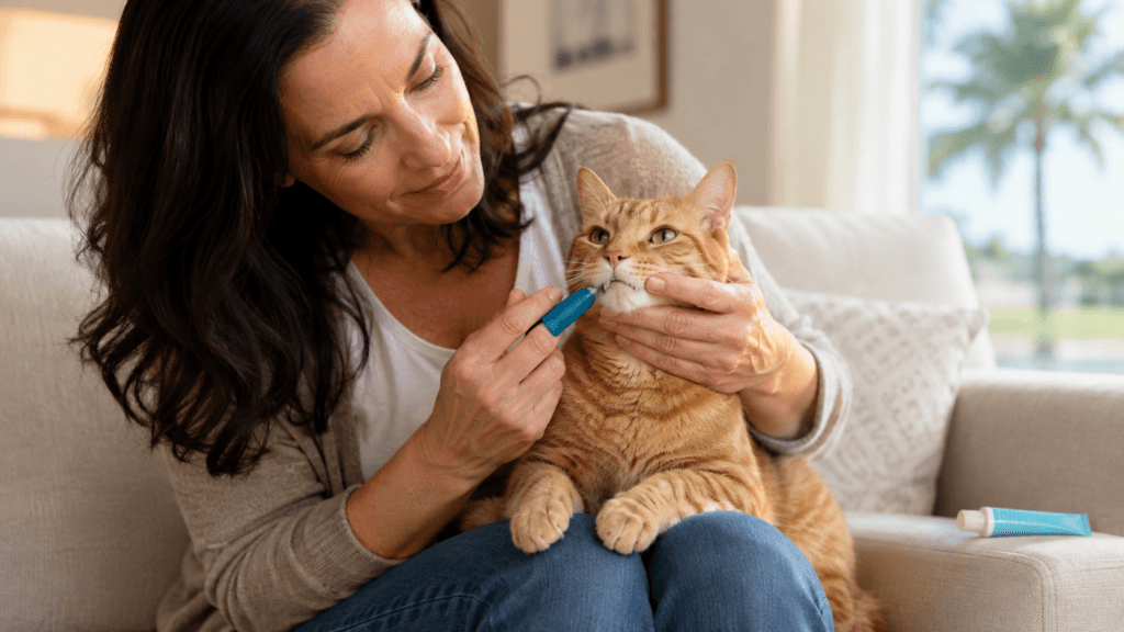 Woman applying dental gel to an orange tabby cat's teeth at home — how to use dental wash for cats step by step.