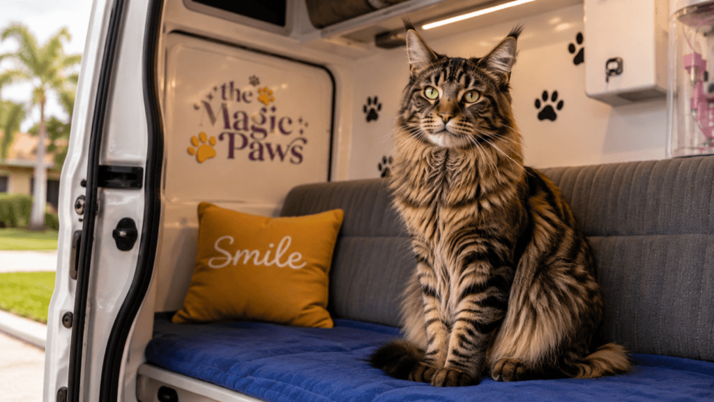 Calm Maine Coon cat sitting inside The Magic Paws service van — when dental wash for cats is not enough and professional care is needed.