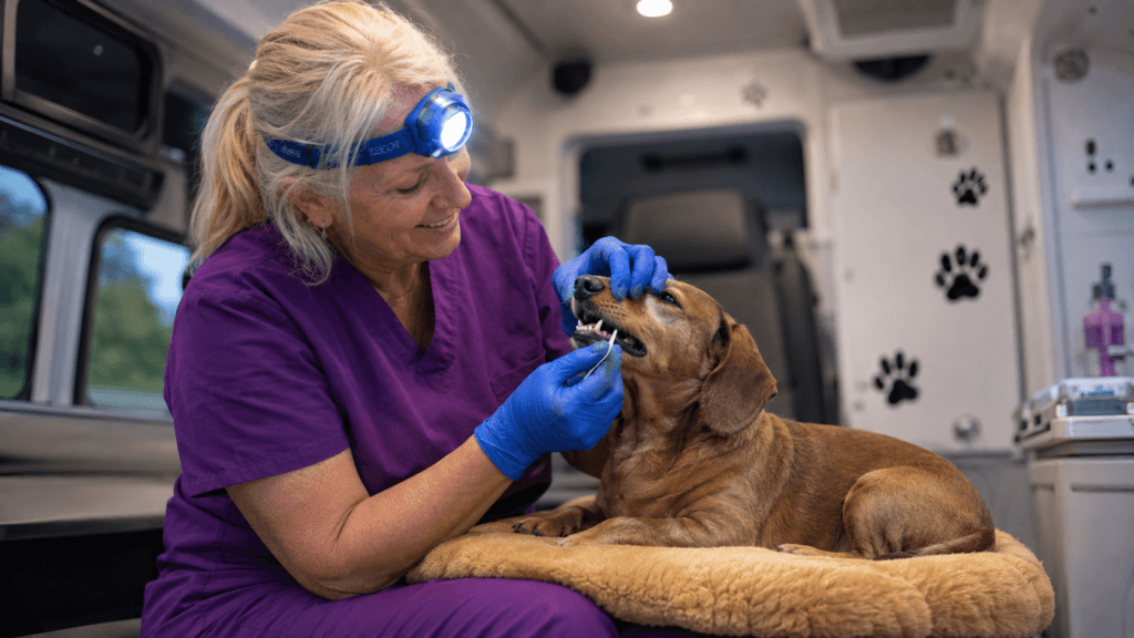 The Magic Paws technician performing anesthesia-free dog dental cleaning inside the mobile van in Florida