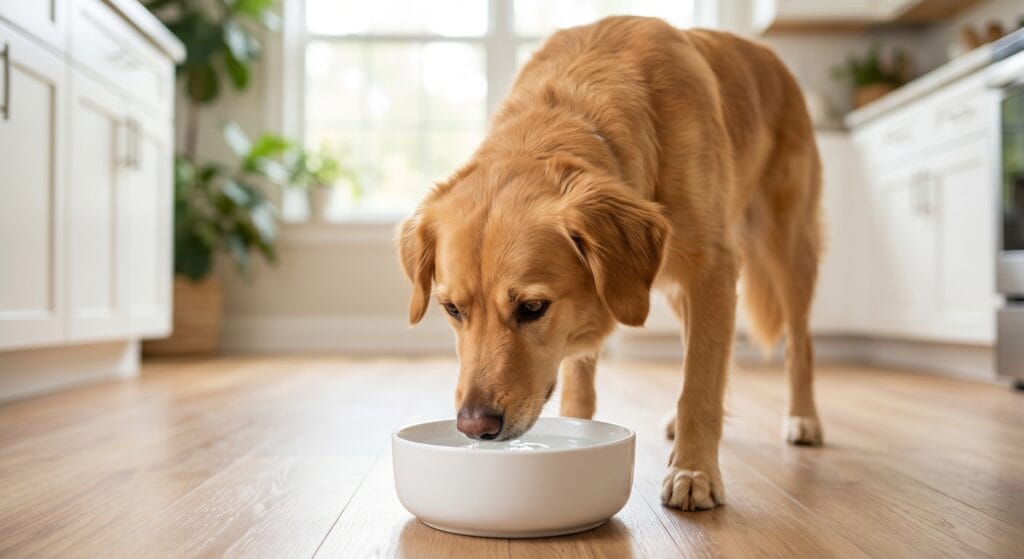 Dog drinking water from a bowl as part of a daily dog dental water additive routine