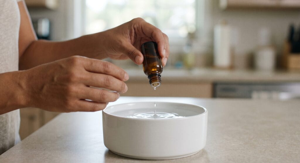 Hands adding a dog dental water additive to a clean ceramic water bowl on a kitchen counter