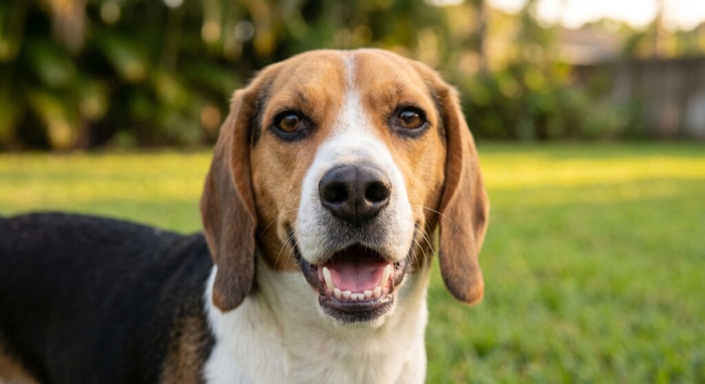 Beagle with healthy teeth and gums, showing the oral health benefits of a dog dental water additive routine