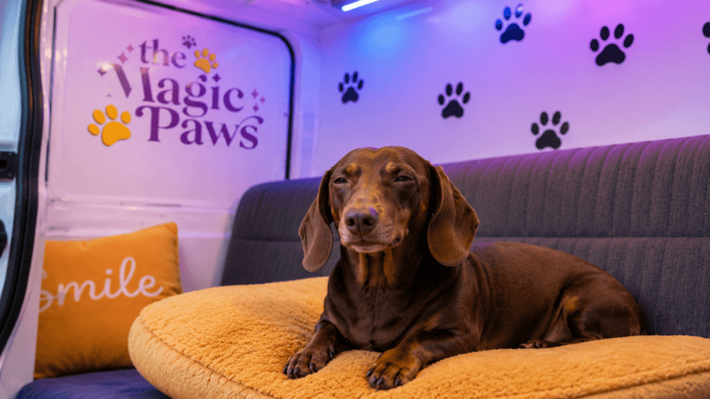 Dog teeth cleaning near me without anesthesia: Magic Paws Senses Therapy environment inside the mobile van, South Florida
