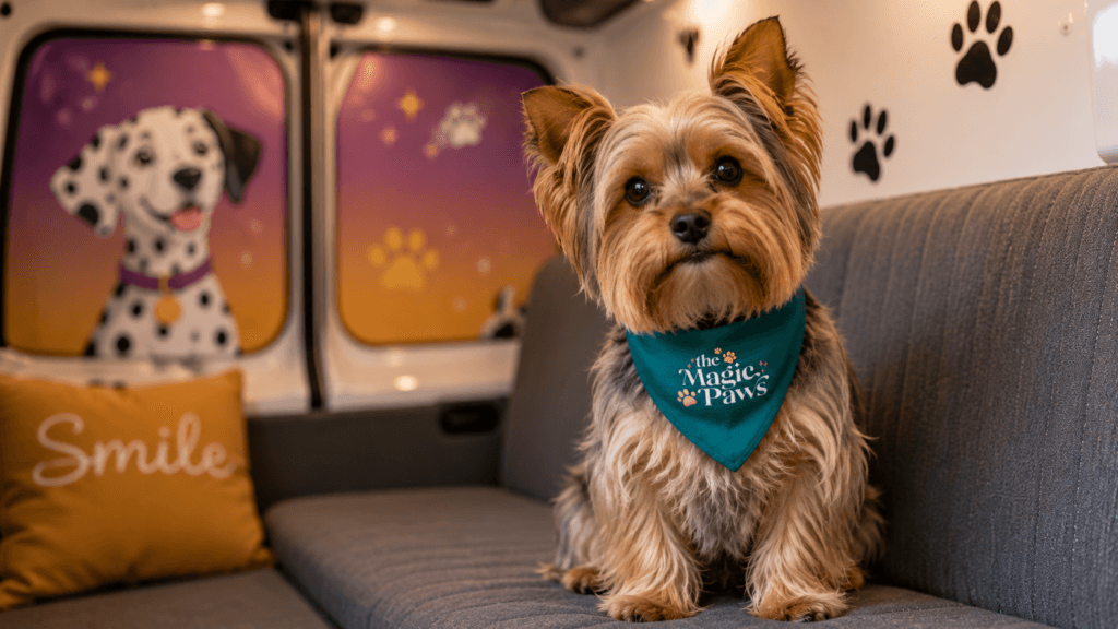 Anesthesia-free dog teeth cleaning near me for small breeds: Yorkshire Terrier inside The Magic Paws mobile van in South Florida