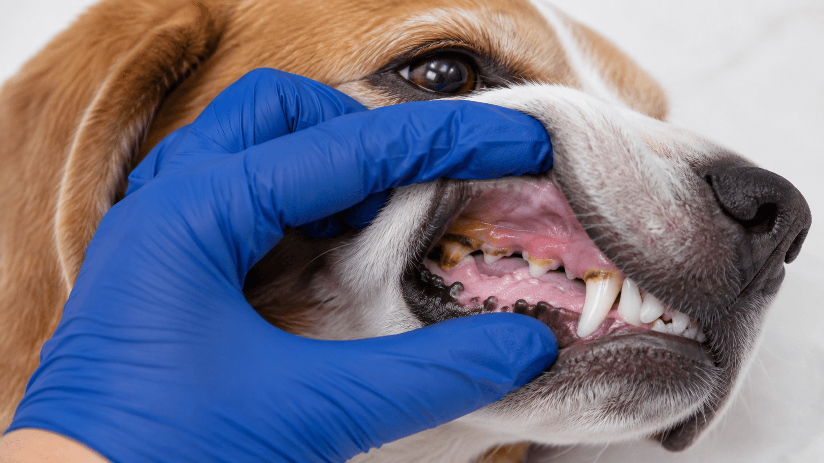 Beagle teeth showing mild plaque buildup near the gumline, early sign that pet dental care is needed
